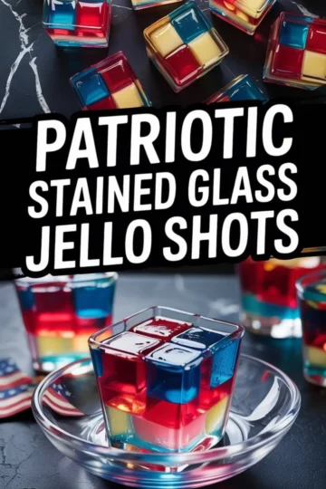 Patriotic stained glass jello shot in a clear glass served on a small plate, featuring colorful red, yellow, and blue gelatin cubes layered in a festive Fourth of July design.