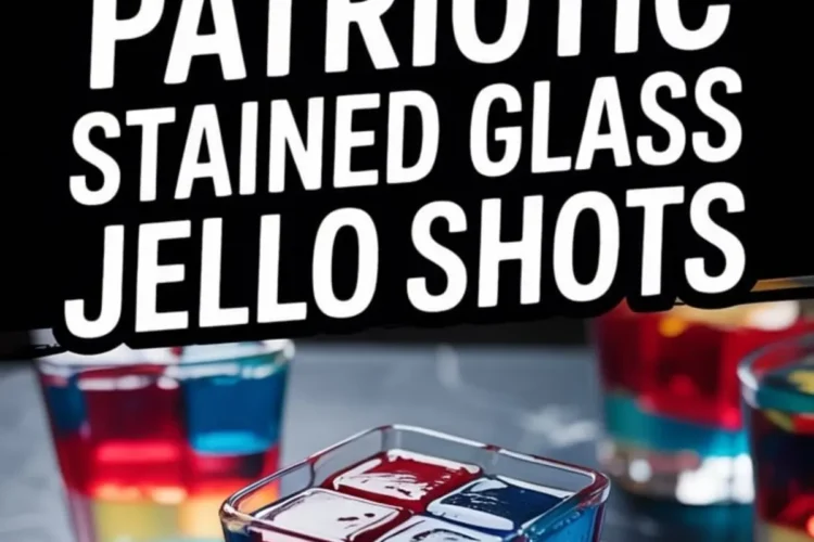 Patriotic stained glass jello shot in a clear glass served on a small plate, featuring colorful red, yellow, and blue gelatin cubes layered in a festive Fourth of July design.