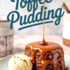 Sticky toffee pudding drizzled with flowing caramel sauce, plated with a scoop of vanilla ice cream, captured mid-pour for a dramatic dessert presentation.
