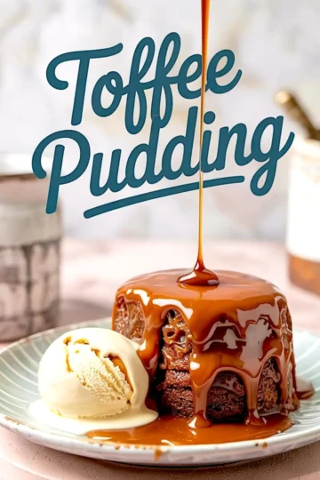 Sticky toffee pudding drizzled with flowing caramel sauce, plated with a scoop of vanilla ice cream, captured mid-pour for a dramatic dessert presentation.