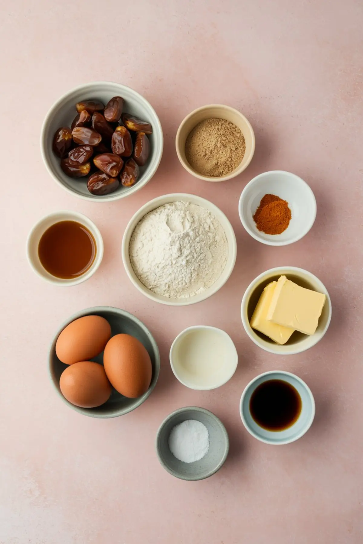 Flat lay of sticky toffee pudding ingredients including pitted dates, flour, brown sugar, eggs, butter, cream, baking soda, vanilla extract, and spices, arranged in ceramic bowls on a pink surface.