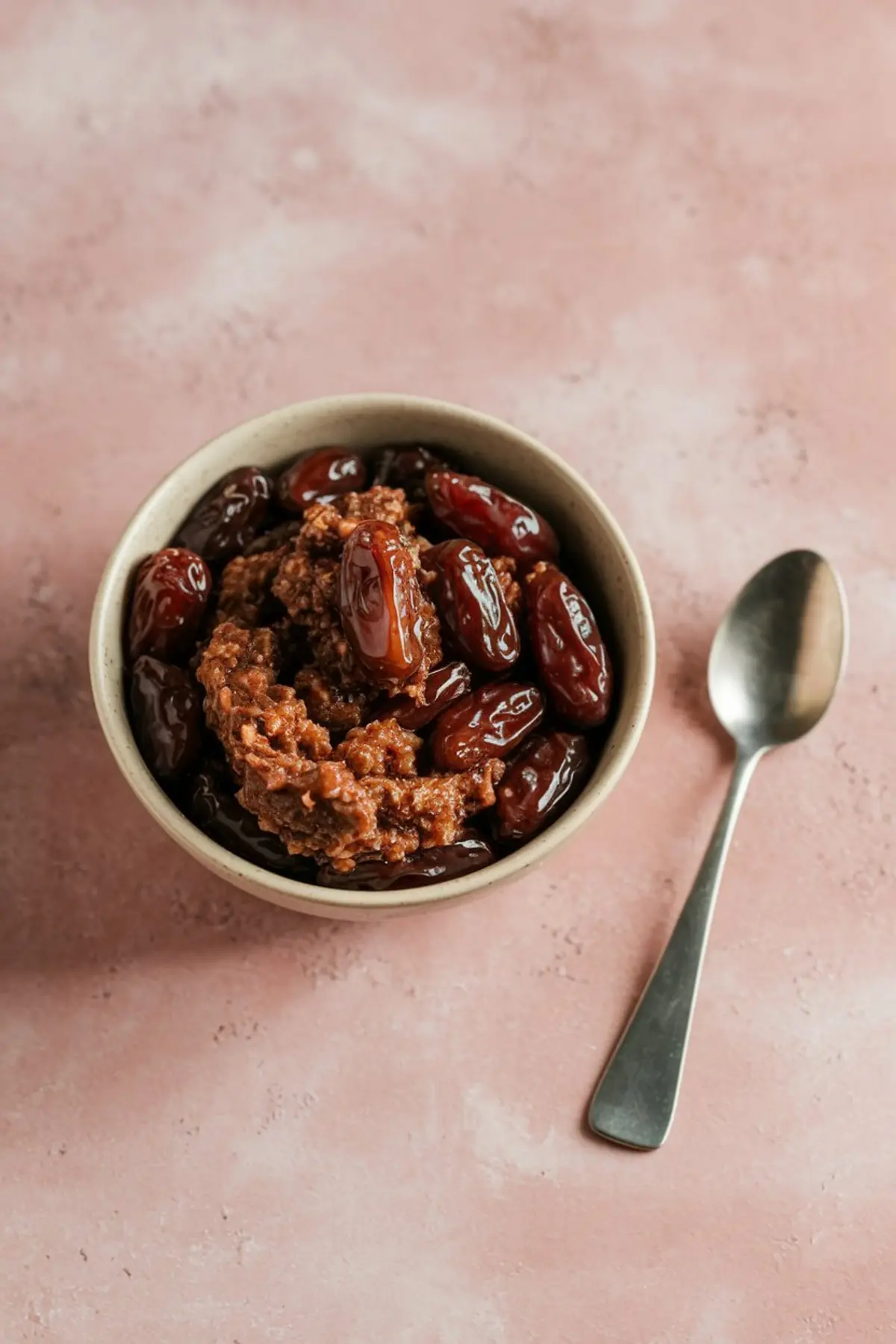 Bowl of softened dates and date paste mixture with a spoon on the side, displayed on a pink textured background, highlighting the base ingredients for sticky toffee pudding.