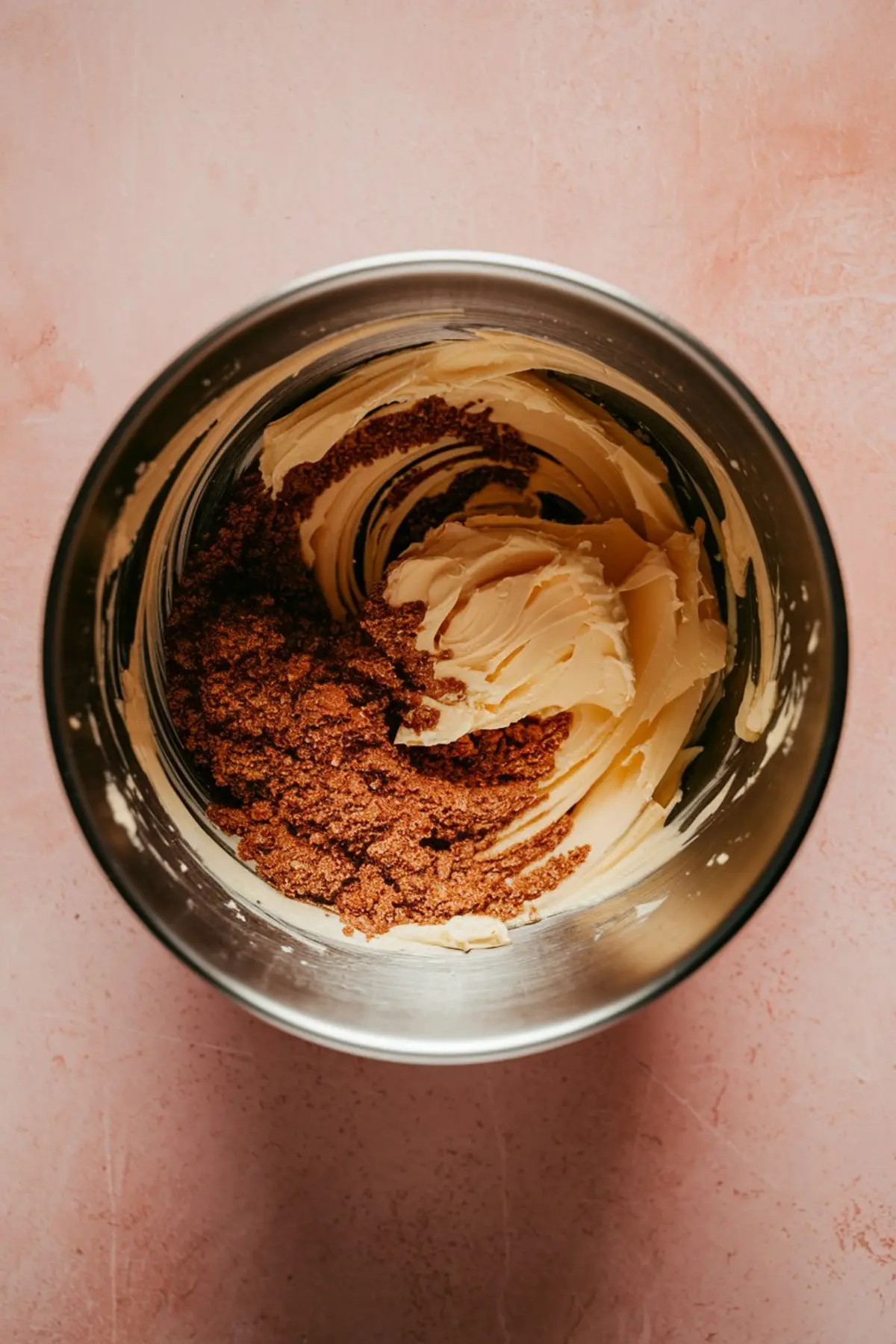 Mixing bowl with creamed butter and brown sugar mixture in the early stage of sticky toffee pudding batter preparation, shown with textured swirls in metal bowl.