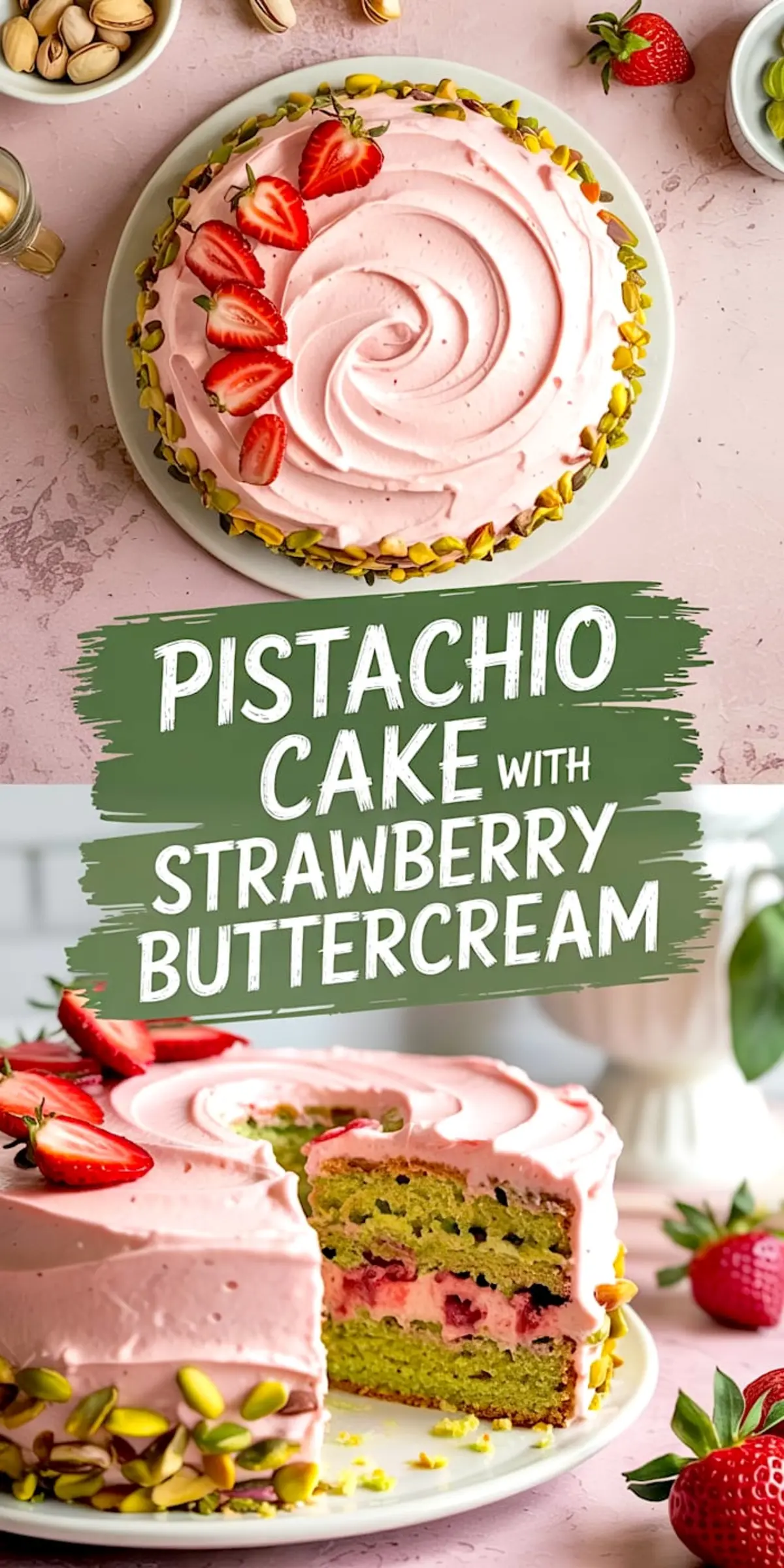 Strawberry pistachio cake topped with pink swirled buttercream and sliced strawberries, surrounded by pistachios.