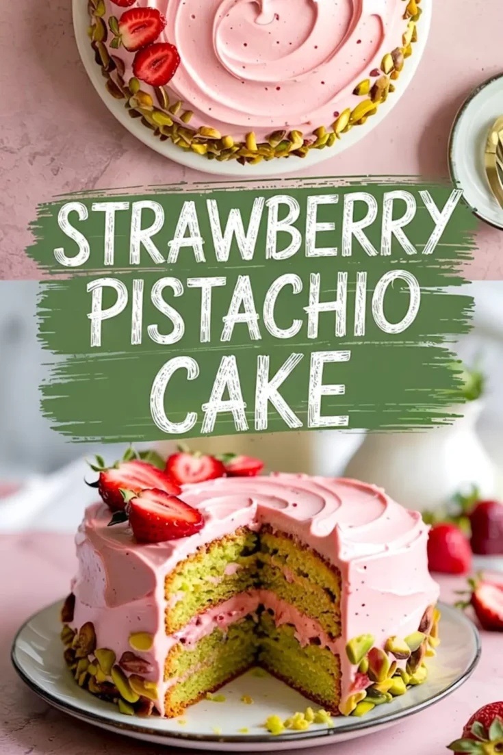 Layered strawberry pistachio cake showing pink buttercream and bright green pistachio sponge, garnished with strawberries.