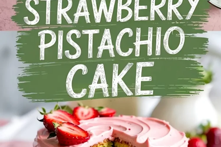 Layered strawberry pistachio cake showing pink buttercream and bright green pistachio sponge, garnished with strawberries.