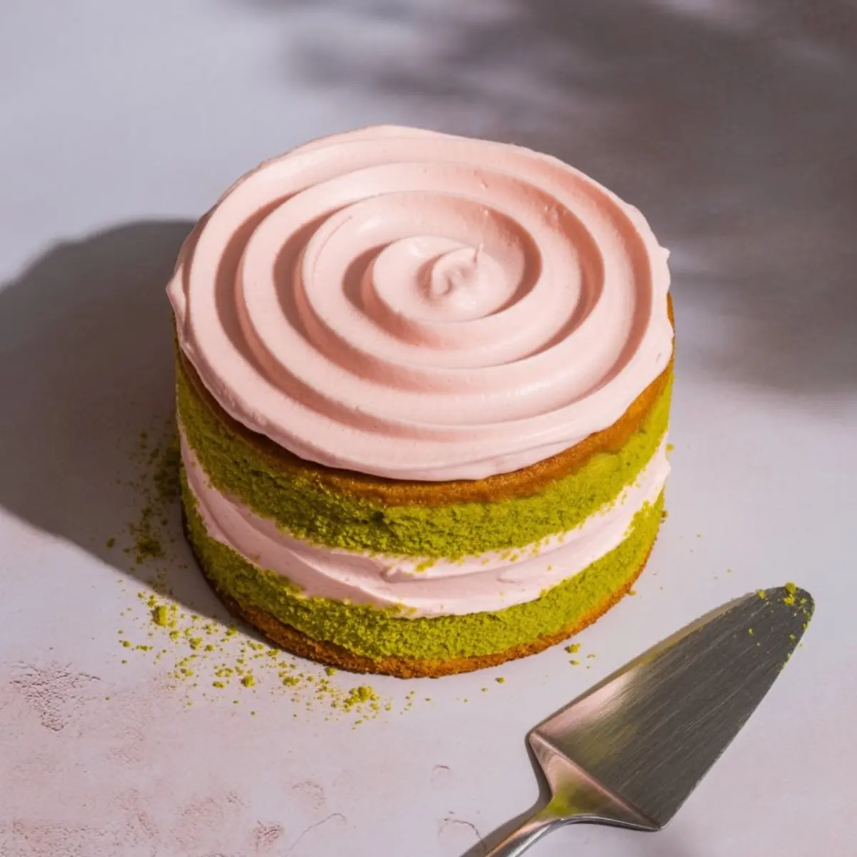 Minimalist strawberry pistachio cake with visible layers and pink frosting, set on a white surface with cake server.