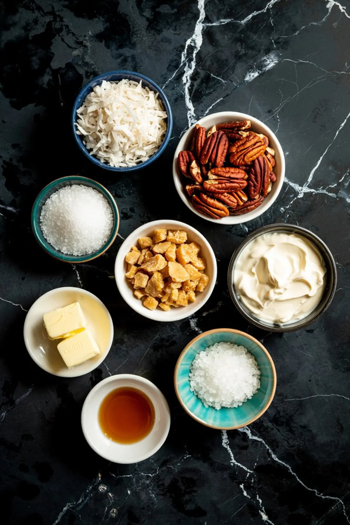 Overhead view of measured ingredients for coconut pecan pie dip including shredded coconut, whole pecans, sugar, chopped toffee bits, cream cheese, butter, vanilla extract, and salt on a black marble background.

