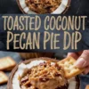 Vertical collage of a creamy pecan pie dip inside a coconut shell, topped with shredded toasted coconut and whole pecans, with text overlay reading “Toasted Coconut Pecan Pie Dip.”
