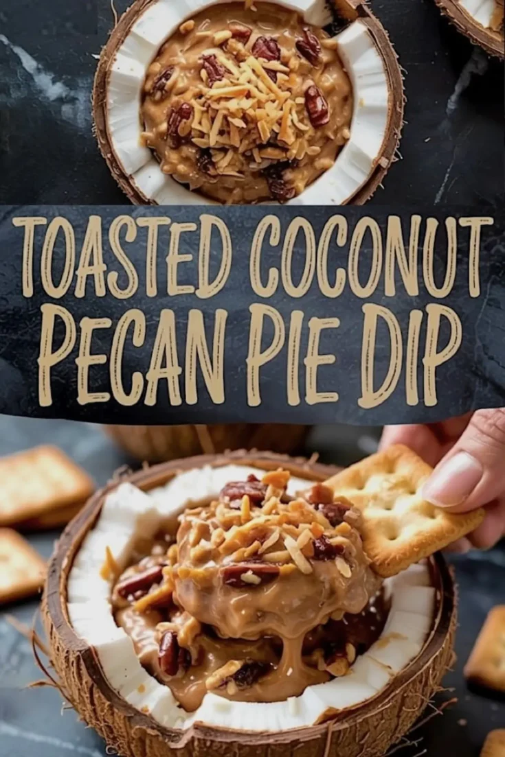 Vertical collage of a creamy pecan pie dip inside a coconut shell, topped with shredded toasted coconut and whole pecans, with text overlay reading “Toasted Coconut Pecan Pie Dip.”