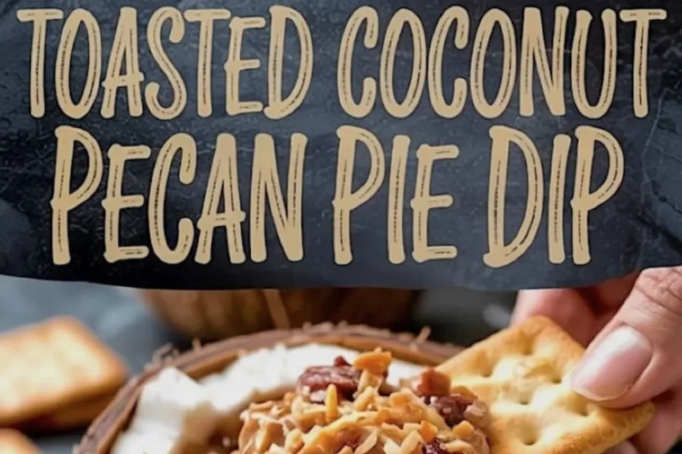 Vertical collage of a creamy pecan pie dip inside a coconut shell, topped with shredded toasted coconut and whole pecans, with text overlay reading “Toasted Coconut Pecan Pie Dip.”