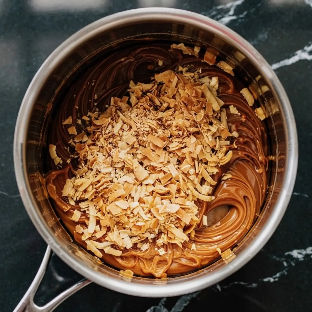 Top view of a saucepan filled with swirled caramel-colored mixture topped with a generous layer of golden toasted coconut flakes, set against a dark marble surface.
