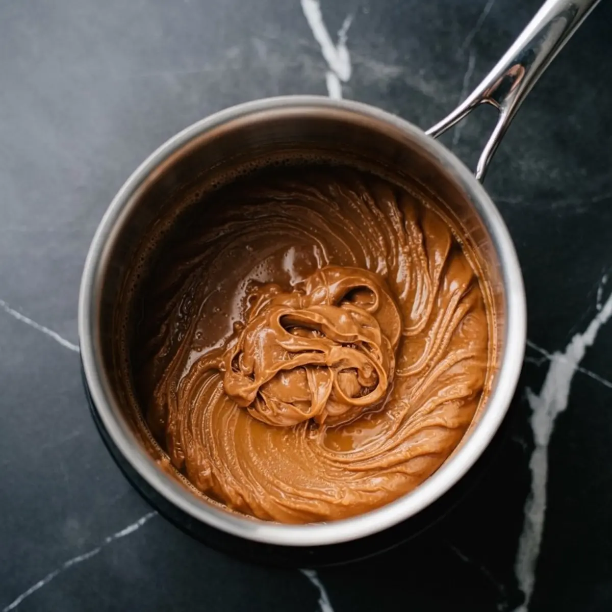 Overhead shot of a saucepan containing smooth, thick caramel base for pecan pie dip, with visible swirls and sheen indicating rich texture, placed on a dark marble counter.
