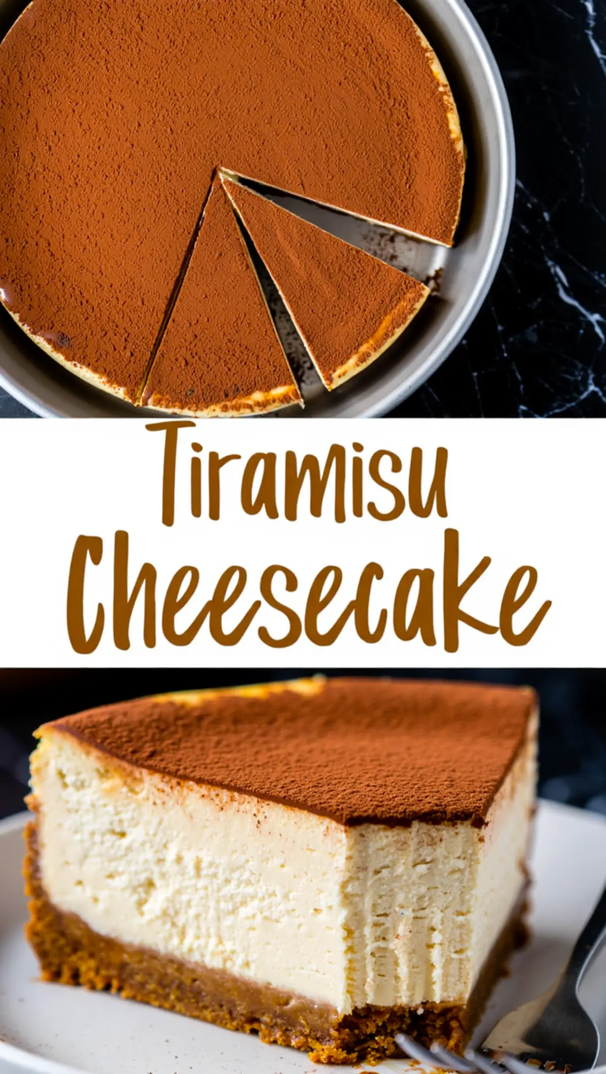 Overhead and side view collage of a sliced tiramisu cheesecake topped with cocoa powder, with a thick creamy filling and espresso-soaked cookie crust.