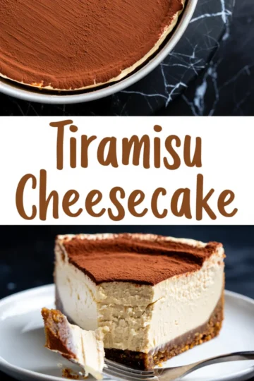 Tiramisu cheesecake collage featuring a whole cheesecake dusted with cocoa powder on top and a close-up slice showing creamy layers and a coffee-flavored cookie crust.