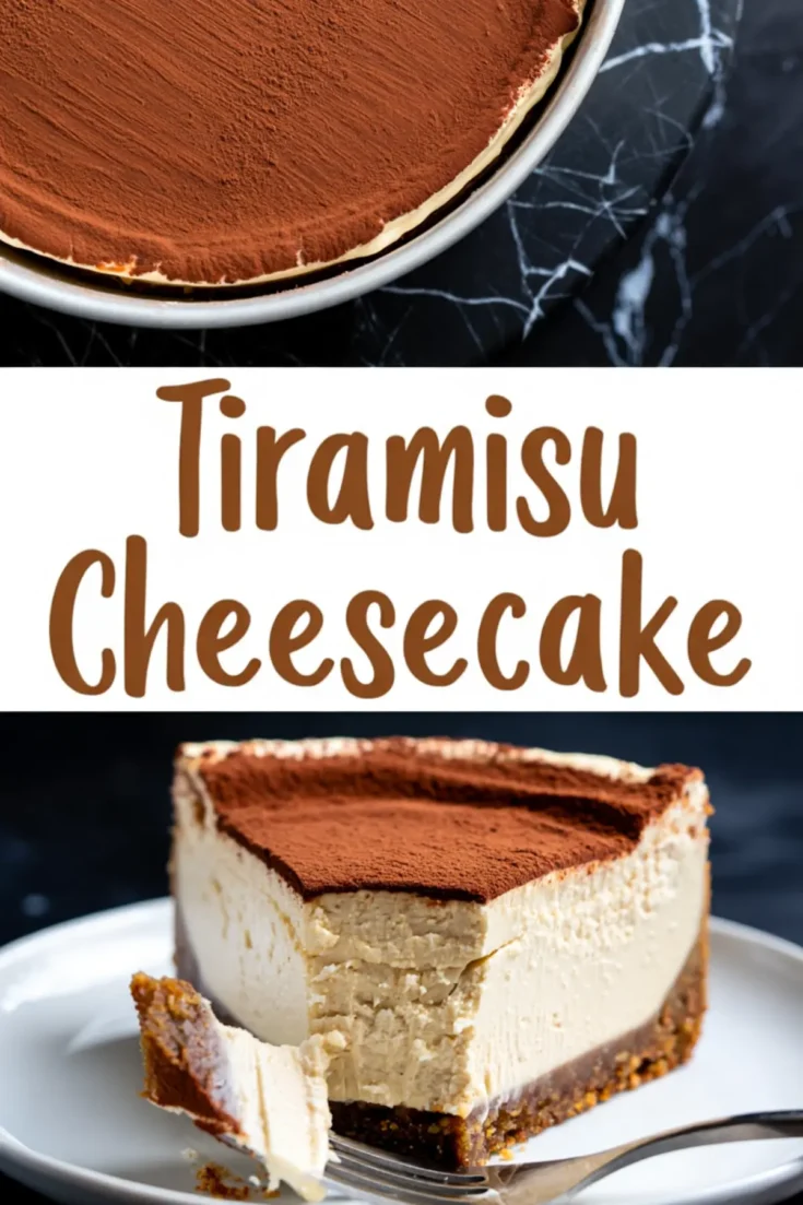 Tiramisu cheesecake collage featuring a whole cheesecake dusted with cocoa powder on top and a close-up slice showing creamy layers and a coffee-flavored cookie crust.