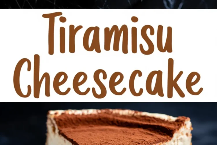Tiramisu cheesecake collage featuring a whole cheesecake dusted with cocoa powder on top and a close-up slice showing creamy layers and a coffee-flavored cookie crust.