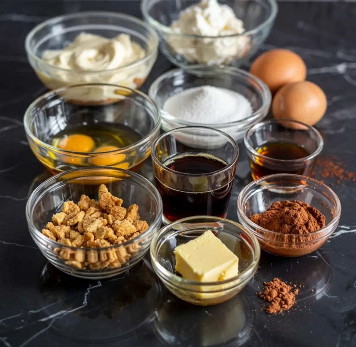 Flat lay of cheesecake ingredients in clear bowls, including mascarpone, ricotta, eggs, sugar, vanilla extract, espresso, cocoa powder, butter, and cookie crumbs on a dark marble background.