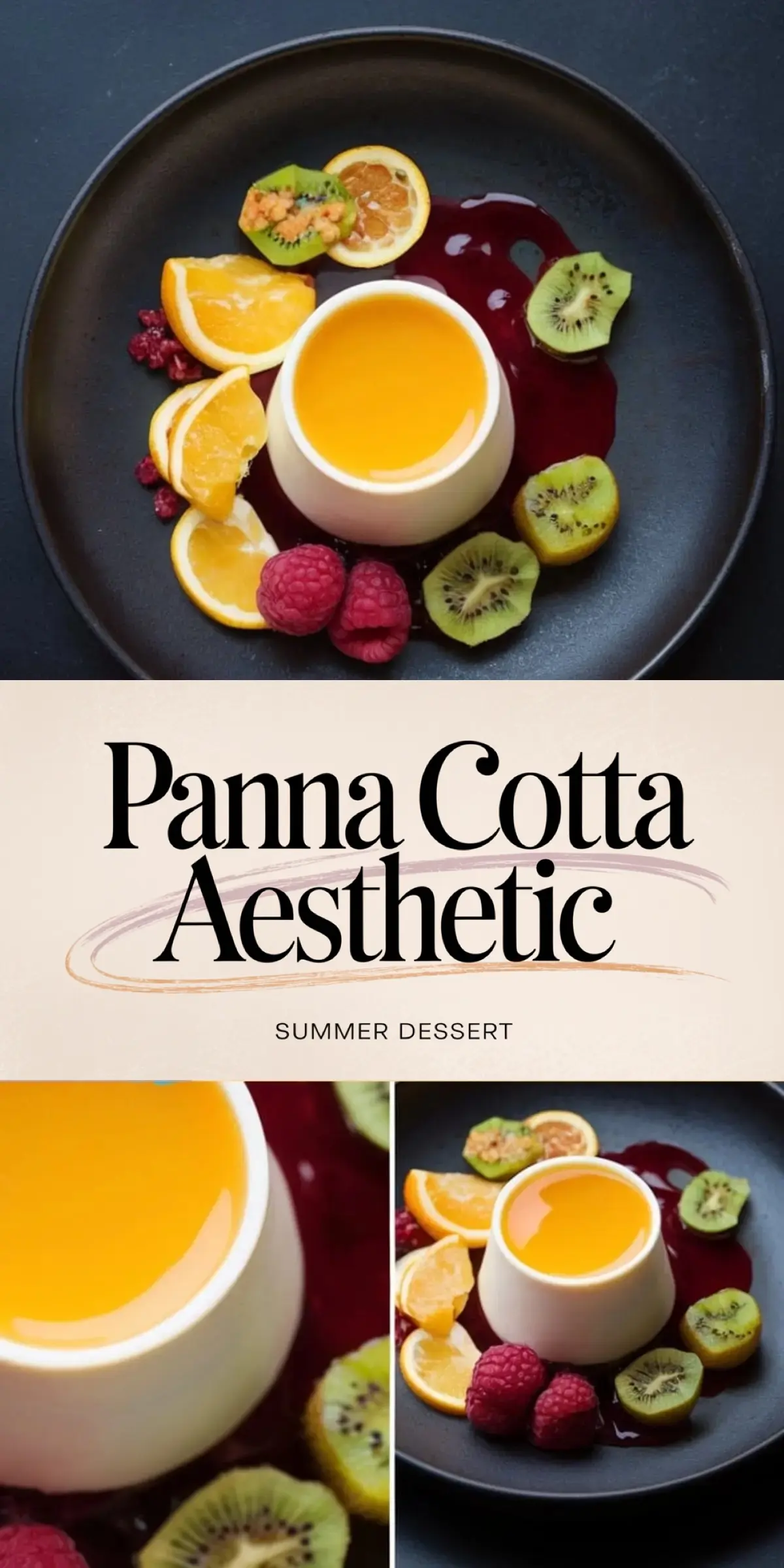 Aesthetic panna cotta plated with vibrant orange glaze, surrounded by fresh orange slices, kiwi rounds, raspberries, and berry sauce on a matte black plate, styled for summer dessert inspiration with elegant close-up views.