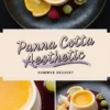 Elegant panna cotta with golden mango glaze, styled on a dark ceramic plate with sliced oranges, raspberries, green grapes, physalis, and berry coulis, presented in a visually engaging collage layout for seasonal dessert ideas.