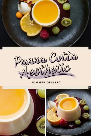 Elegant panna cotta with golden mango glaze, styled on a dark ceramic plate with sliced oranges, raspberries, green grapes, physalis, and berry coulis, presented in a visually engaging collage layout for seasonal dessert ideas.