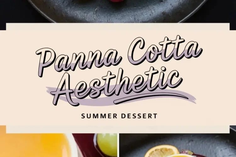 Elegant panna cotta with golden mango glaze, styled on a dark ceramic plate with sliced oranges, raspberries, green grapes, physalis, and berry coulis, presented in a visually engaging collage layout for seasonal dessert ideas.