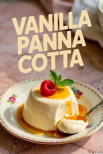 Silky vanilla panna cotta topped with a raspberry and mint, draped in caramel sauce, on a decorative porcelain plate with a spoonful taken out.