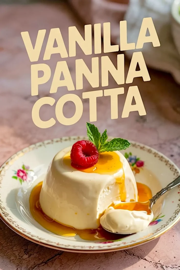 Silky vanilla panna cotta topped with a raspberry and mint, draped in caramel sauce, on a decorative porcelain plate with a spoonful taken out.