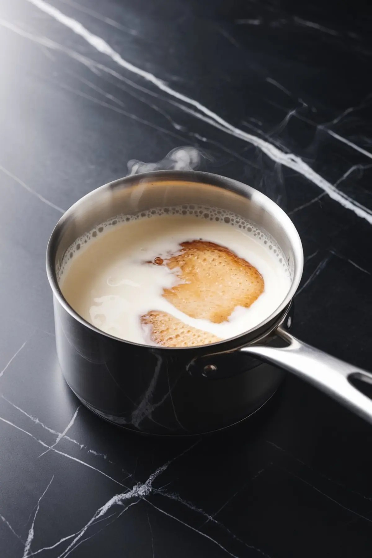 Stainless steel saucepan filled with steaming milk and caramelized sugar slice on a black marble surface, showing the base preparation stage of panna cotta with rich, warm tones.