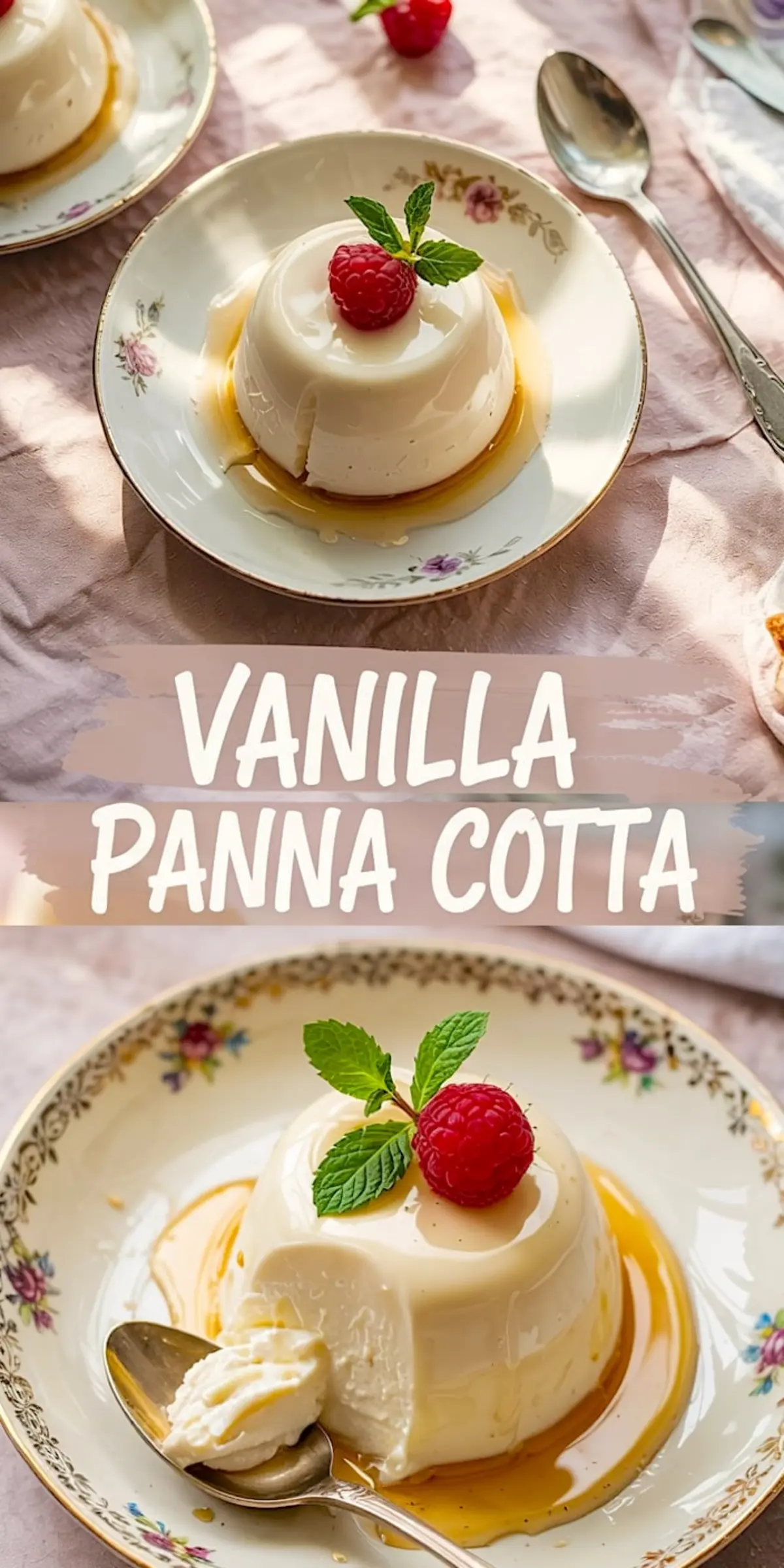 Close-up collage of vanilla panna cotta desserts on floral china plates, garnished with fresh raspberries, mint leaves, and golden caramel sauce, displayed under warm sunlight on a soft pink tablecloth.
