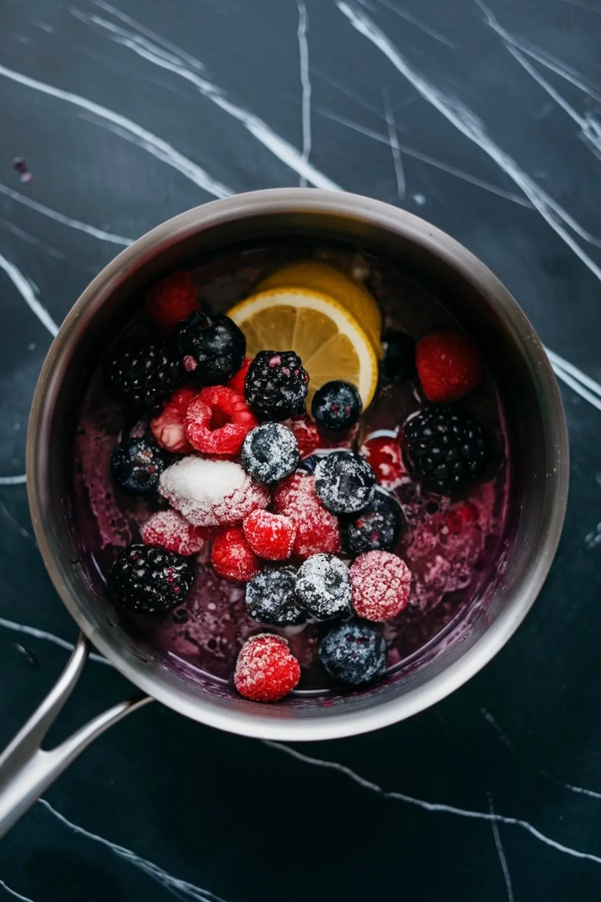 Fresh mixed berries, lemon slices, and sugar in a saucepan, ready to be cooked into a fruit compote for dessert topping, featuring raspberries, blackberries, blueberries, and juicy citrus on a dark kitchen counter.