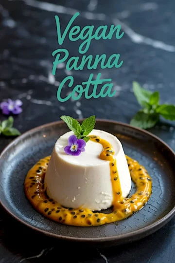 Vegan panna cotta with silky texture, served on a dark plate with passion fruit pulp drizzled over and around, topped with mint and an edible flower, styled on a black marble background.