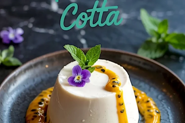 Vegan panna cotta with silky texture, served on a dark plate with passion fruit pulp drizzled over and around, topped with mint and an edible flower, styled on a black marble background.
