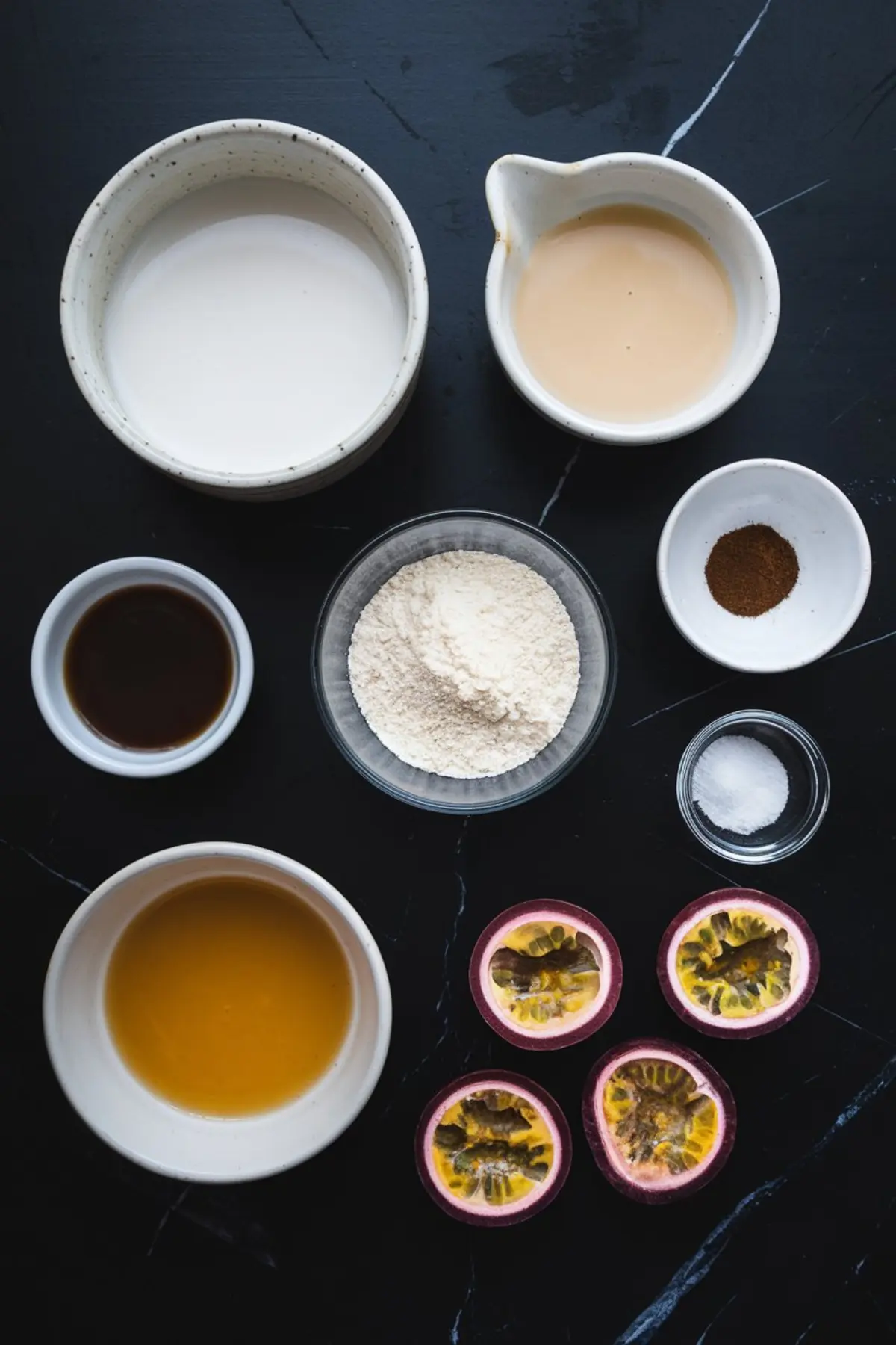 Flat lay of vegan panna cotta ingredients including coconut milk, plant cream, vanilla extract, maple syrup, flour, cinnamon, salt, and halved passion fruits on a black background.
