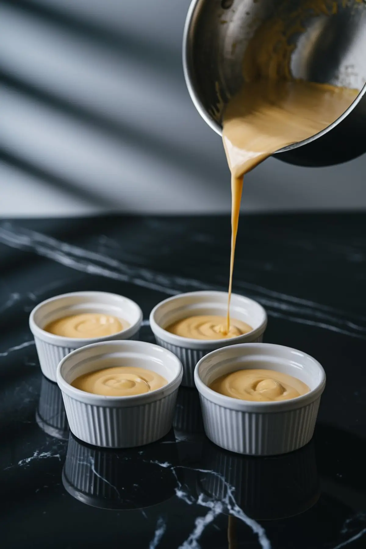Warm vegan panna cotta mixture being poured from a saucepan into white ramekins, arranged in rows on a black marble counter during dessert preparation.
