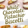 Flat lay of white chocolate pistachio biscotti arranged on a pink surface, showcasing crisp golden edges and visible chopped pistachios. Biscotti pieces are half-dipped in white chocolate. Bottom view features a close-up of a sliced biscotti revealing a crunchy texture and vibrant green pistachios.