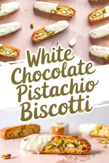 Flat lay of white chocolate pistachio biscotti arranged on a pink surface, showcasing crisp golden edges and visible chopped pistachios. Biscotti pieces are half-dipped in white chocolate. Bottom view features a close-up of a sliced biscotti revealing a crunchy texture and vibrant green pistachios.