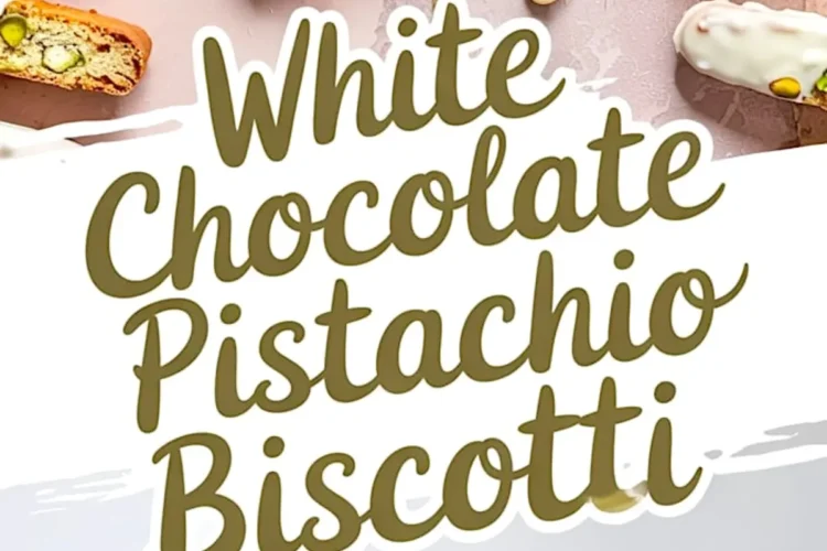 Flat lay of white chocolate pistachio biscotti arranged on a pink surface, showcasing crisp golden edges and visible chopped pistachios. Biscotti pieces are half-dipped in white chocolate. Bottom view features a close-up of a sliced biscotti revealing a crunchy texture and vibrant green pistachios.