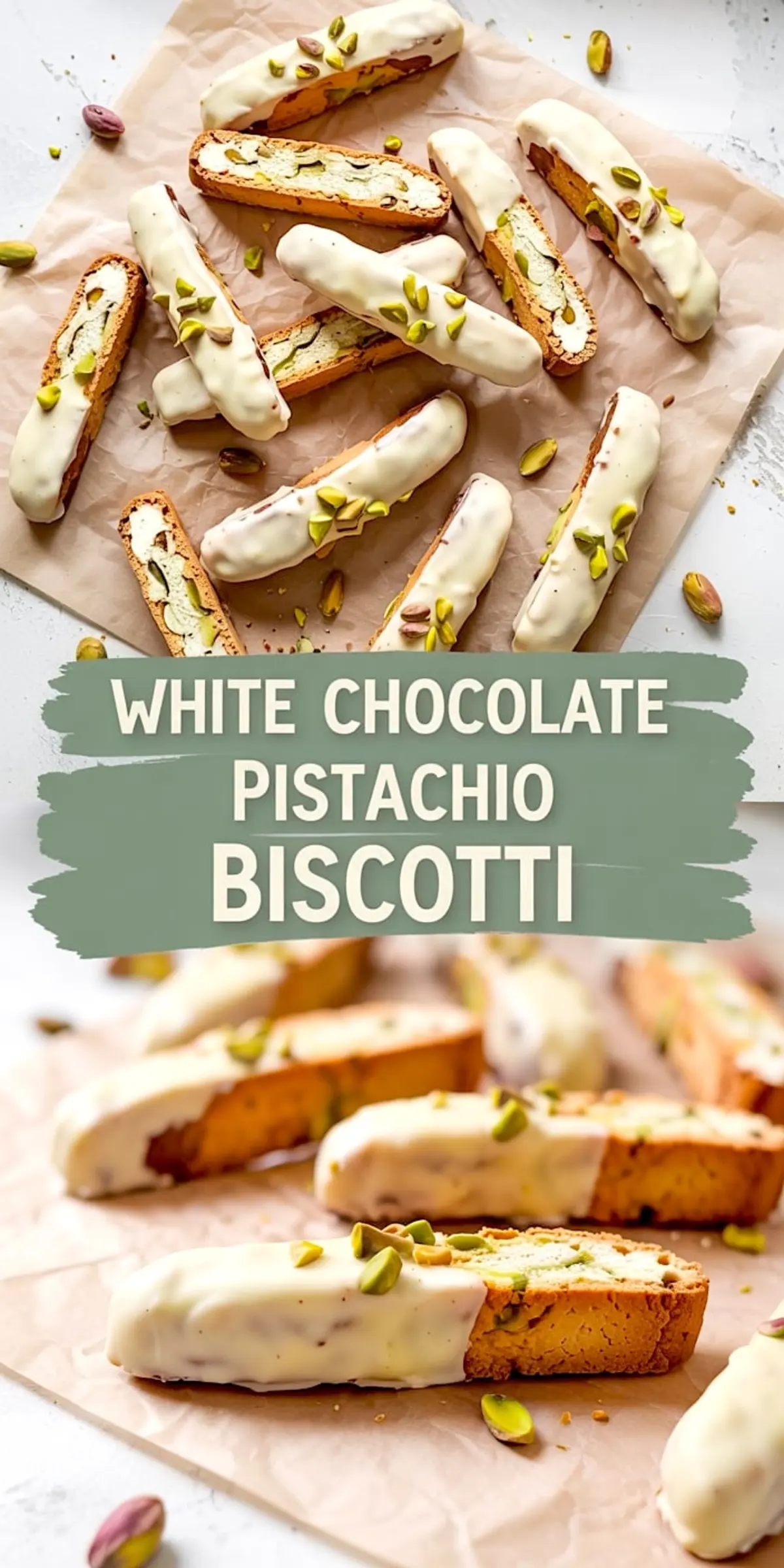 Overhead and angled views of white chocolate pistachio biscotti displayed on crinkled parchment paper. Biscotti are generously coated in white chocolate and sprinkled with pistachio pieces, highlighting a crisp, golden bake and nut-studded centers.