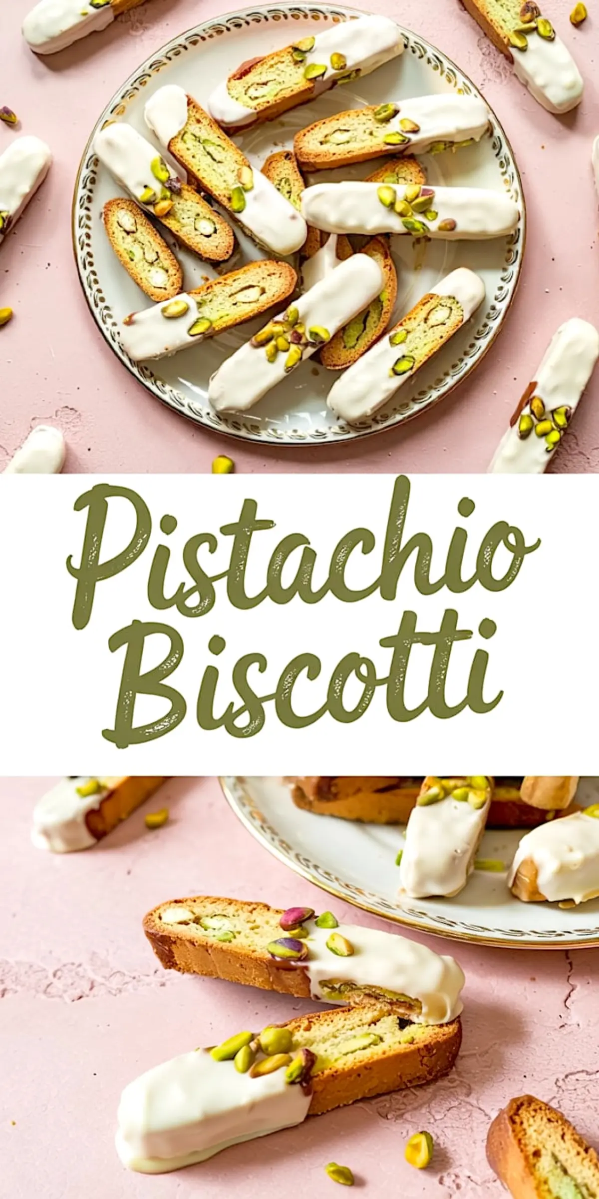Top and side views of pistachio biscotti on a vintage patterned plate and pink surface. Biscotti are dipped in white chocolate and garnished with chopped pistachios, emphasizing a rustic, homemade look with visible almond and pistachio pieces.
