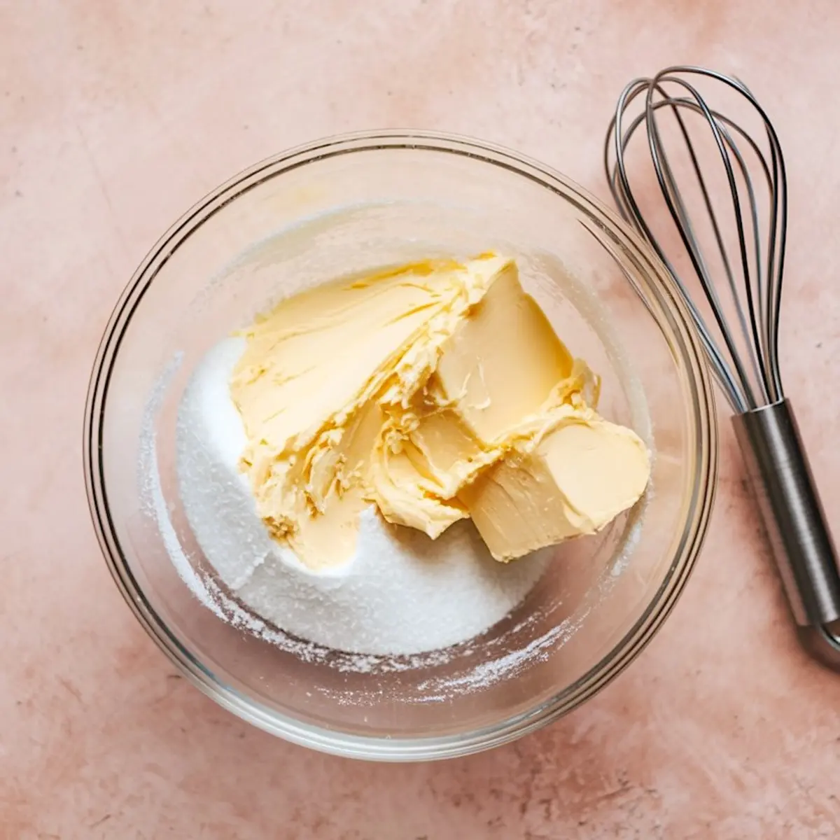 Clear glass mixing bowl containing softened butter and granulated sugar, set on a pink countertop. A metal whisk rests nearby, ready for creaming ingredients in a baking preparation step.
