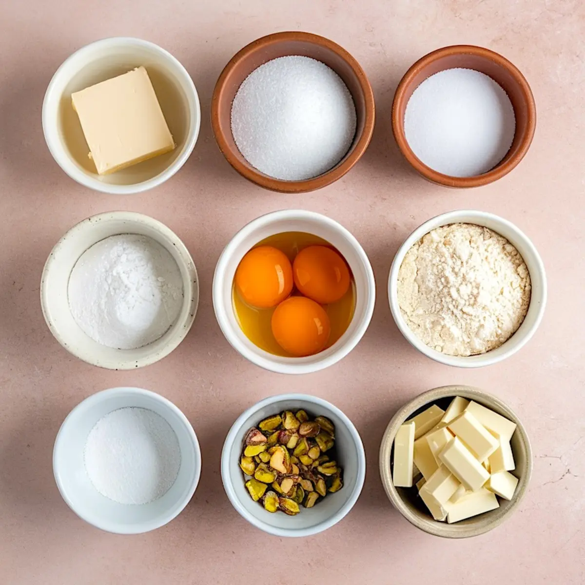 Overhead view of separated ingredients for biscotti on a pink surface. Includes bowls of butter, sugar, eggs, flour, pistachios, white chocolate, and leavening agents, all arranged in a tidy grid.