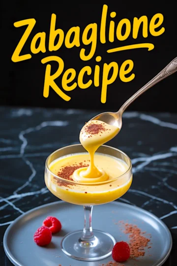 Vertical collage showing zabaglione in a coupe glass with raspberries and cocoa, with bold yellow “Zabaglione Recipe” lettering, ideal for Pinterest boards focused on Italian pastries and desserts.