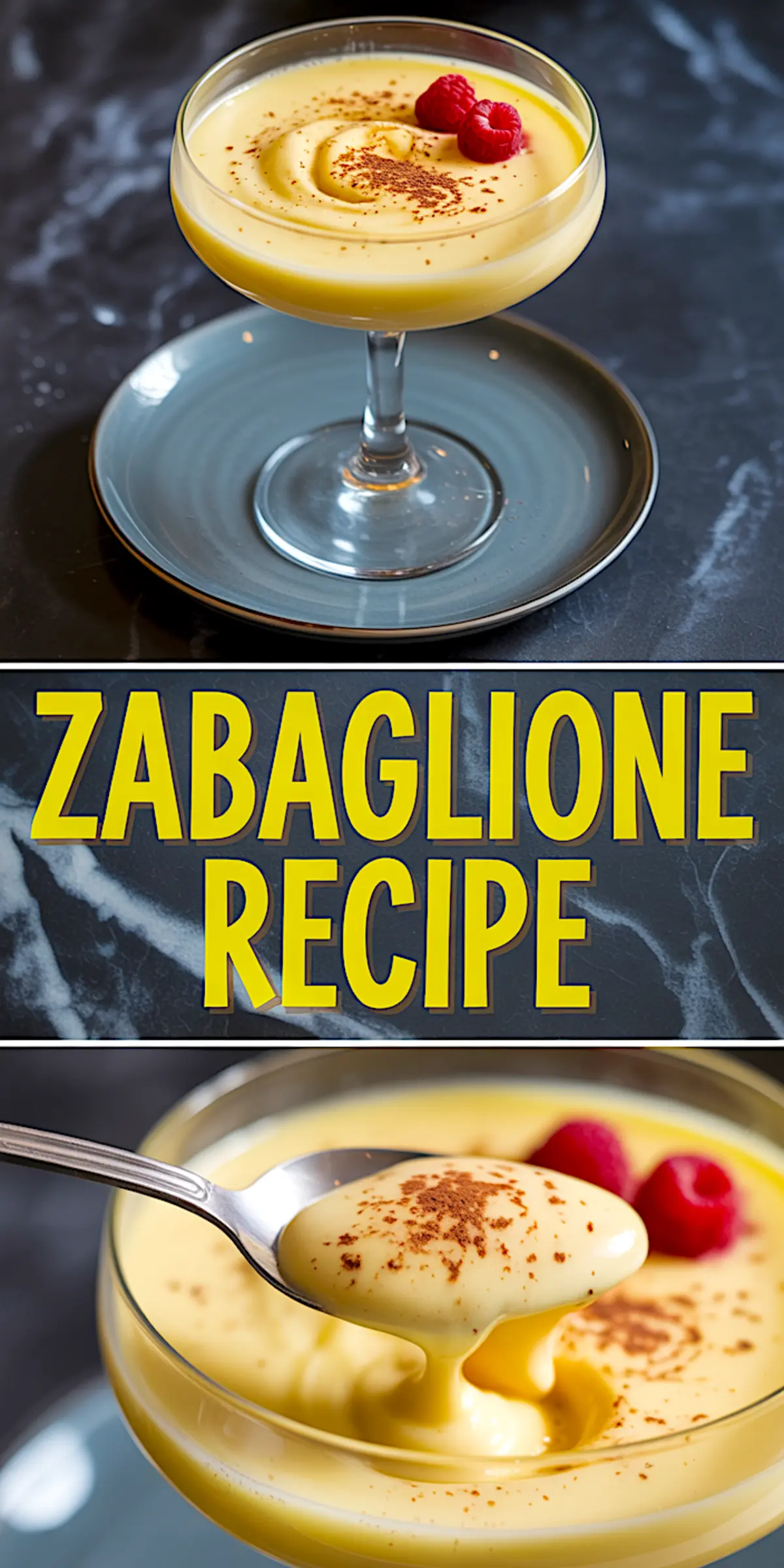 Creamy zabaglione served in a coupe glass, topped with raspberries and cocoa powder, presented on a slate-blue plate, representing a smooth and elegant Italian dessert.