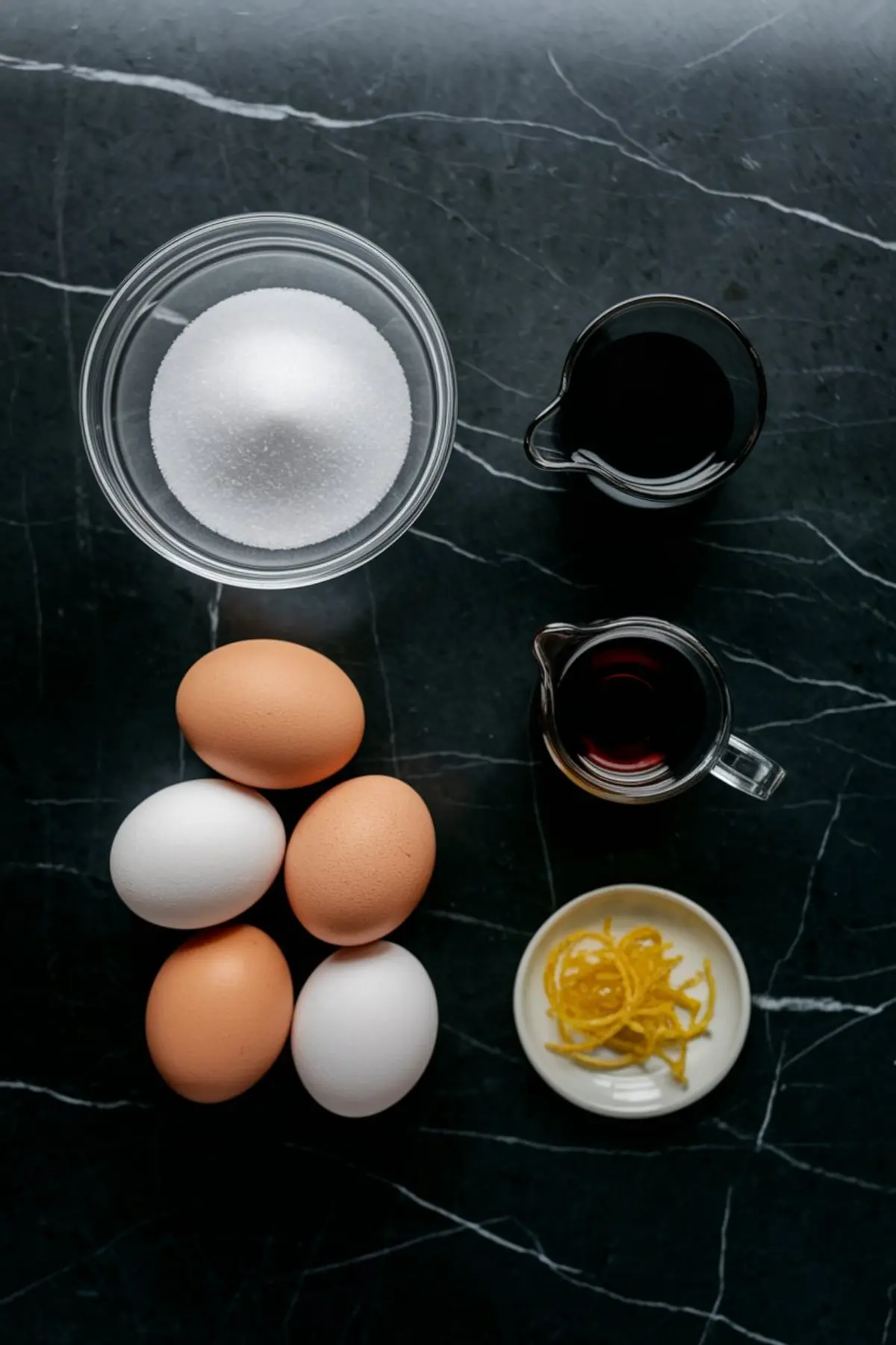 Overhead shot of zabaglione ingredients on black marble, featuring whole eggs, granulated sugar, marsala wine, vanilla extract, and lemon zest, essential for traditional Italian dessert recipes.