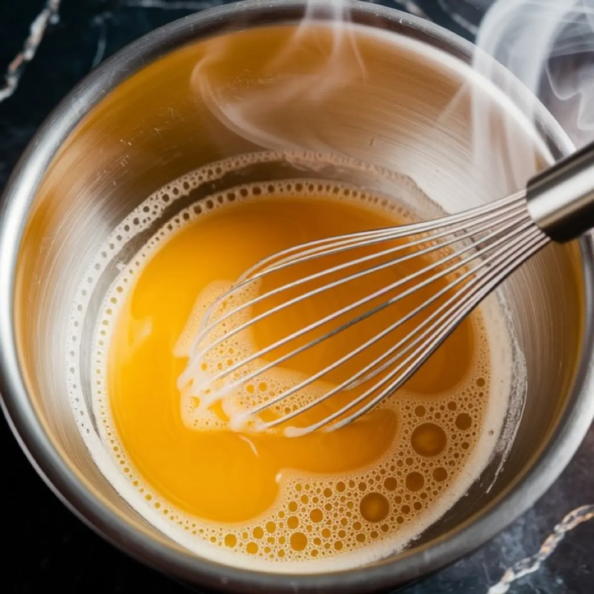 Steamy egg yolk and sugar mixture being whisked in a metal bowl over heat, showcasing the first step in preparing zabaglione, a classic Italian sweet custard.