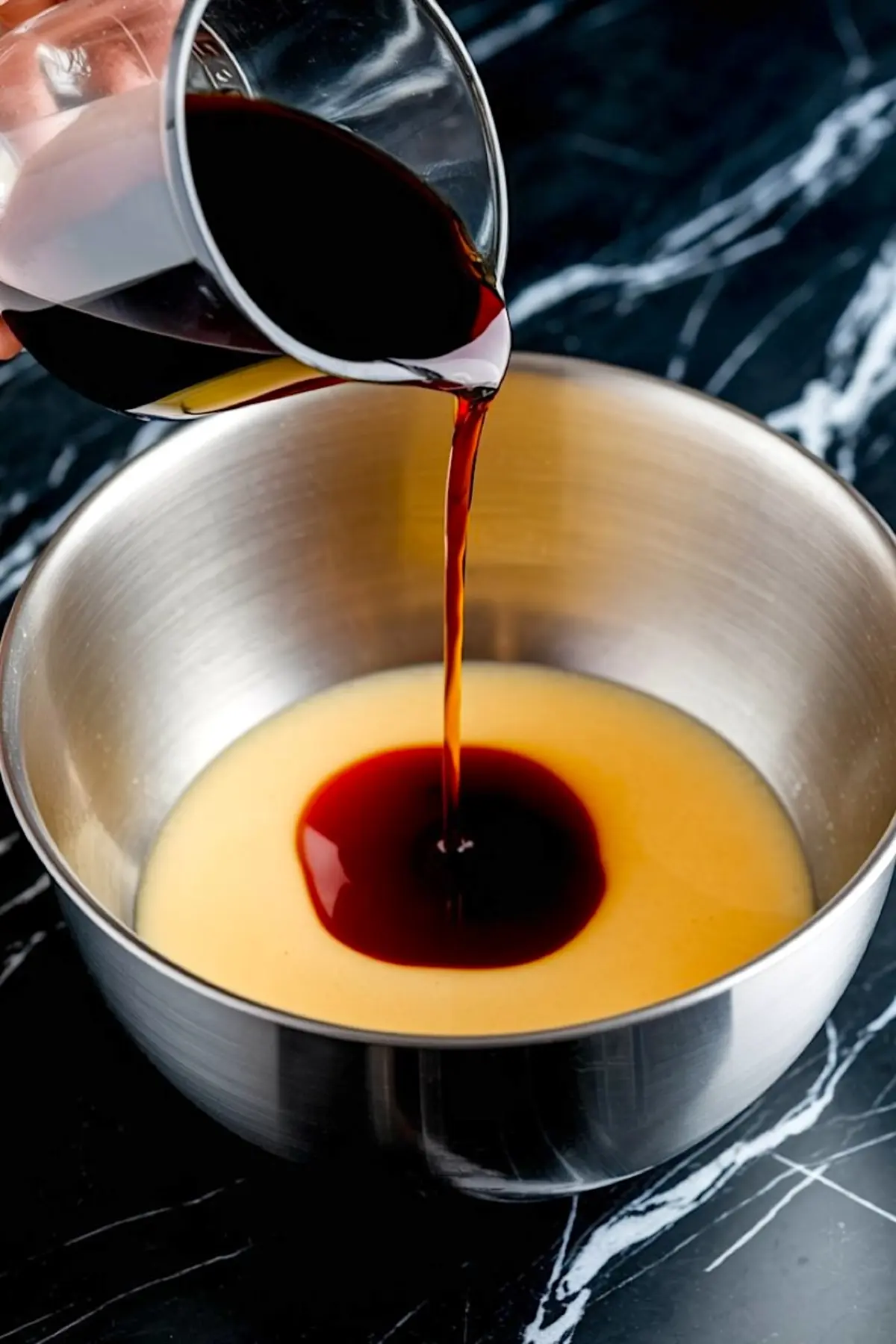 Dark marsala wine being poured into whipped egg mixture in a silver mixing bowl, highlighting a key step in making authentic zabaglione from traditional Italian recipes.