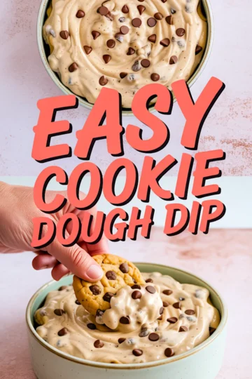 Collage showing a green bowl of smooth cookie dough dip topped with chocolate chips and a cookie being dipped in, with red text reading “Easy Cookie Dough Dip.”