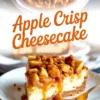 Apple crisp cheesecake slice on a white plate with caramel drizzle, featuring a graham cracker crust, creamy cheesecake layer, spiced apple chunks, and brown sugar oat crumble, with the whole cheesecake in the background.