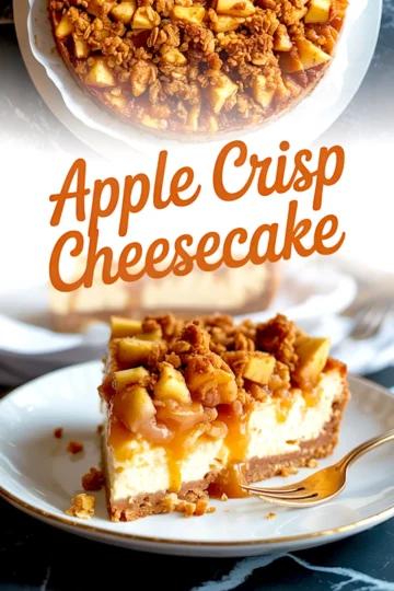 Apple crisp cheesecake slice on a white plate with caramel drizzle, featuring a graham cracker crust, creamy cheesecake layer, spiced apple chunks, and brown sugar oat crumble, with the whole cheesecake in the background.